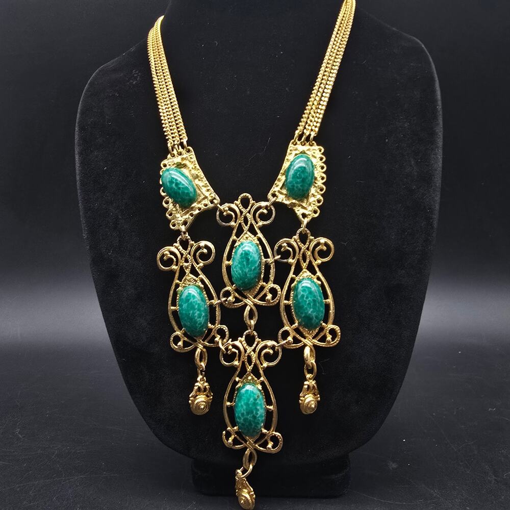 Vintage Peking Glass Bib Necklace Gold Tone Scroll Link